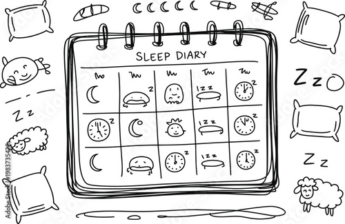 Handwritten sleep diary calendar with sketches of pillows sheep moons and clocks for tracking nightly rest