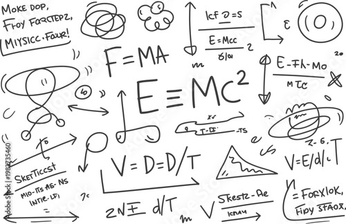 Handwritten physics equations and scientific formulas scribbled on a flat surface for academic research studies