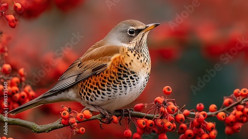 A small bird perched on a branch with vibrant red berries