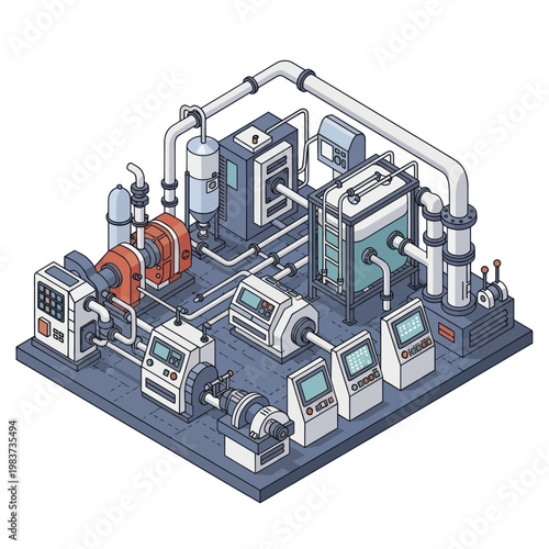 Isometric Industrial Machine Setup with Pipes and Control Panels.