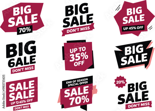 Collection of promotional big sale badges and retail stickers for seasonal marketing campaigns and discounts