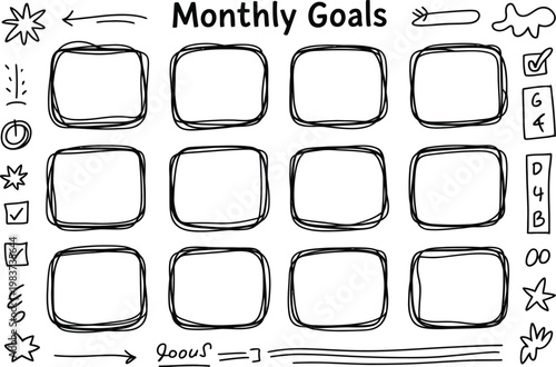 Hand drawn monthly goals planner template with square boxes and doodle icons for task management