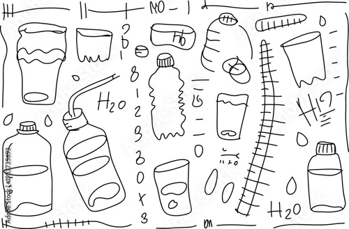 Collection of hand drawn water bottles and drinking glasses for hydration tracking and healthy living habits