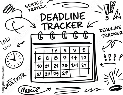 Hand drawn calendar for tracking business deadlines and important monthly project schedules with hourly clock icons