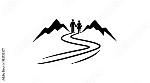 Couple Walking on Road Towards Mountain Peaks