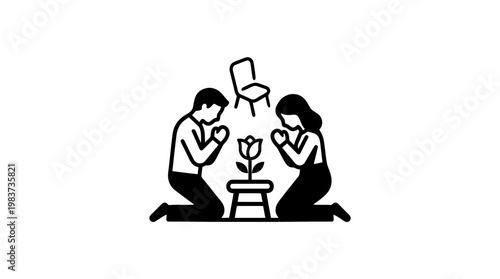 Couple Praying Over A Flower Symbolizing Grief Or Remembrance