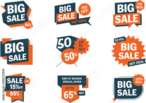 Set of nine promotional sale badges with percentages and special offers for retail marketing events