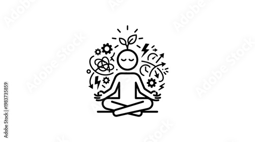 Meditating Figure Surrounded by Thoughts and Growth
