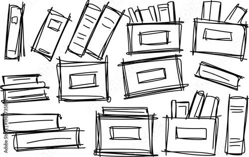 Hand drawn sketch collection of various library books and study materials in a minimalist doodle style