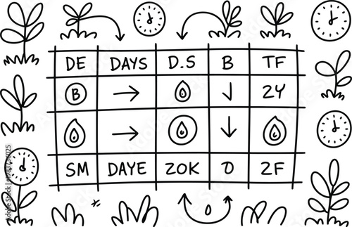 Hand drawn planner table with plant and clock sketches for time management and organizing daily tasks
