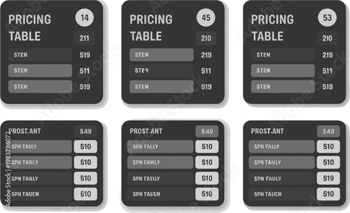 Modern dark interface templates featuring organized pricing tables with numerical data and various text labels included