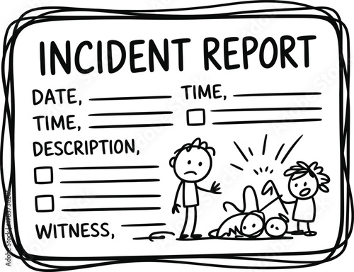 A hand drawn sketch of an incident report form for documenting workplace accidents or emergency events