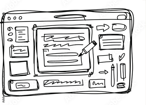 Hand drawn website interface wireframe sketch featuring layout elements with a marker for web development planning