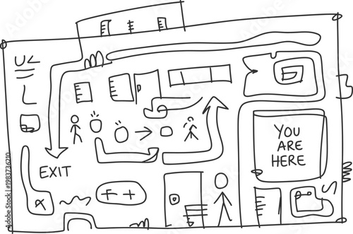 Hand drawn floor plan showing navigation routes and building exit directions for indoor wayfinding orientation purposes