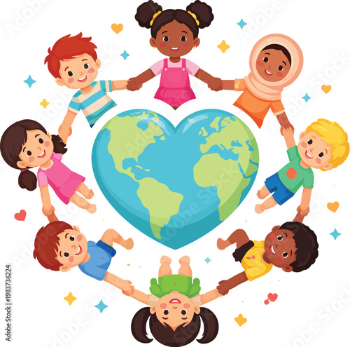 Diverse children holding hands around heart shaped earth, multicultural kids unity vector, global friendship concept