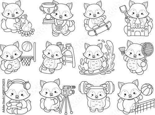 Coloring pages of Cute set of Fox sticker with activity. Outline of Fox with variation of activity