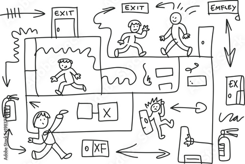 People running toward emergency exit signs in a complex maze of corridors and safety fire equipment