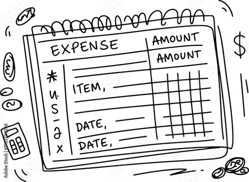Hand drawn expense report planner page with financial symbols and calculator for tracking monthly household spending