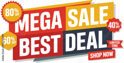 Mega sale banner featuring best deal offers with various discount percentages for retail marketing shopping campaigns
