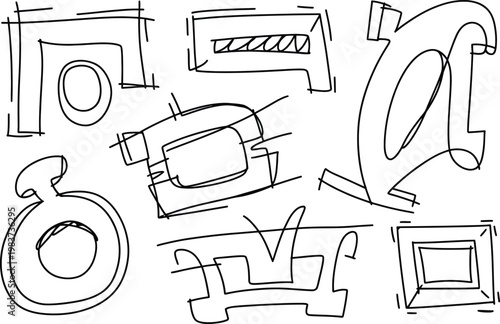 Hand drawn rough sketch collection featuring various geometric shapes and architectural style structural forms for projects