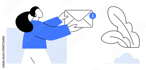 Digital communication, email notifications, online messaging, correspondence, remote work, technology concepts. Person reaching for an envelope with a badge. Digital communication and email