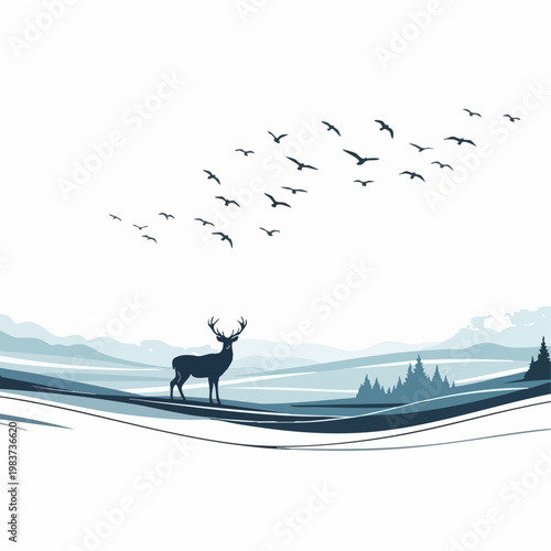 Deer Standing Alone with Birds Flying.