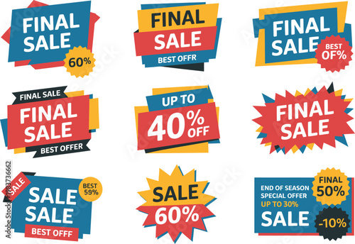Set of colorful promotional price tags for final sale events and retail store discount campaigns