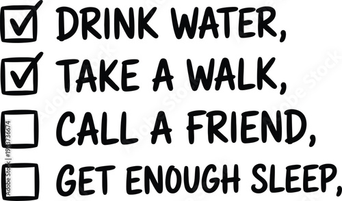 Healthy daily checklist encouraging positive habits like hydration physical activity social connection and sufficient night rest