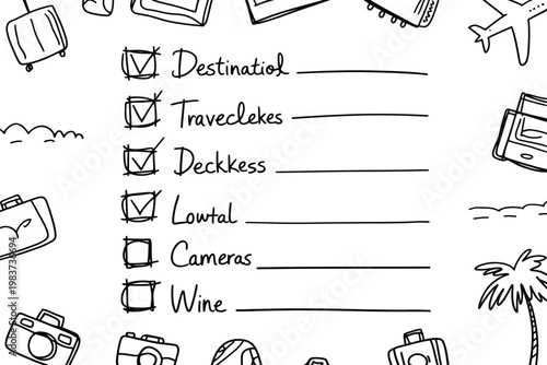 Hand drawn checklist for summer vacation planning with various travel items and holiday accessories surrounding it