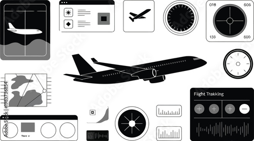 Black and white aviation icons set featuring flight navigation tracking interface elements and passenger aircraft silhouettes