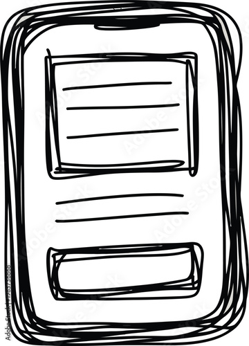 Hand drawn sketch of a portable mobile device featuring a simple interface with buttons and text
