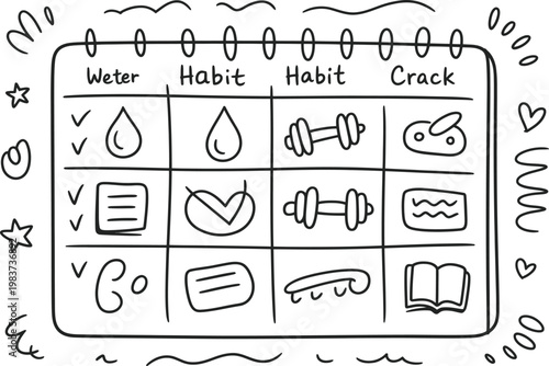 Hand drawn habit tracker calendar featuring daily hydration exercise and productivity goals for personal growth success