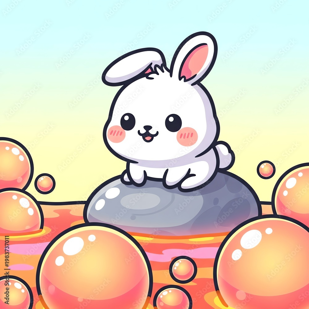Fototapeta premium Cute Bunny on Rock in Bubble Bath.