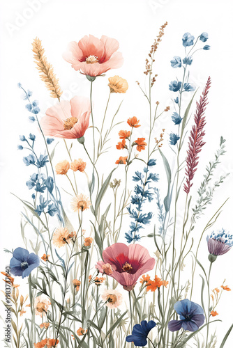 Floral Symphony: A delicate watercolor illustration showcases an array of wildflowers, each petal painted with intricate detail and soft hues, creating a vibrant display of nature's beauty.