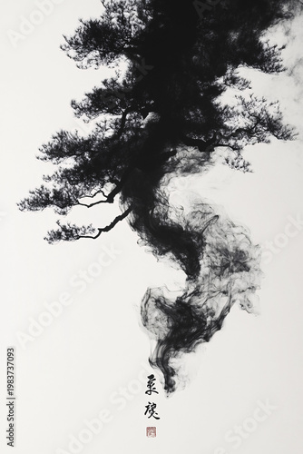 Ink Wash Pine Tree: An elegant ink wash painting of a lone pine tree, its branches reaching towards the sky, and its intricate details captured in bold black strokes, evoking a sense of tranquility.