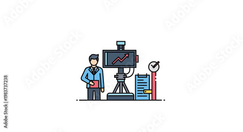 Vector illustration of a news reporter with a camera and a chart indicating growth