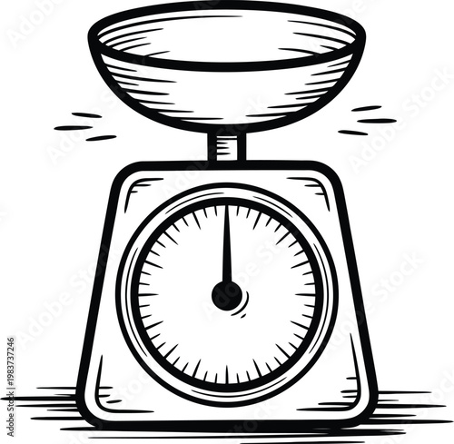 Hand drawn kitchen scale icon showing measurement tool for weighing ingredients in food preparation tasks