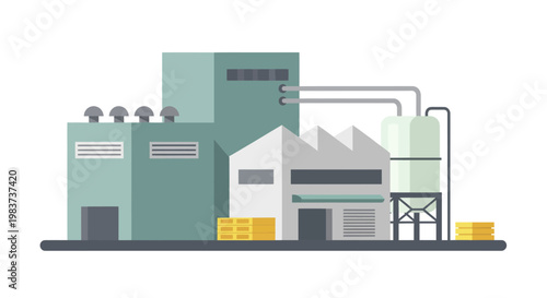 Industrial factory building with multiple structures and storage tanks.