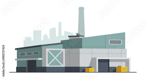 Industrial factory building with smokestack and modern architecture.