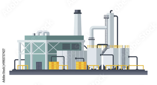 Industrial factory building with pipes and storage tanks.