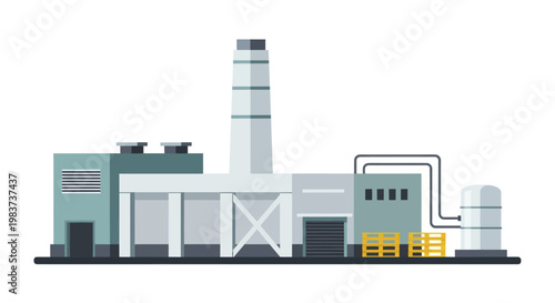 Industrial factory building with smokestack and storage tanks.