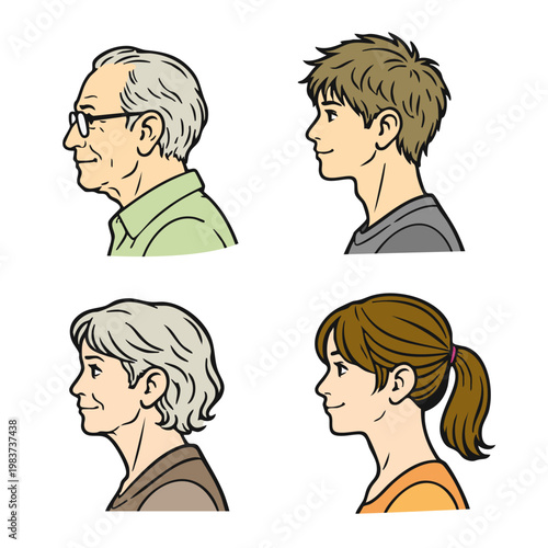 世代別の横顔人物イラストセット 子供から高齢者までの家族プロフィール素材・カラー・ベクター / Side profile people illustration set multi generation family characters from child to senior , vector
