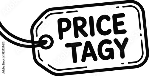 Retail sales paper label with the word tagy featuring a thick outline and hanging string