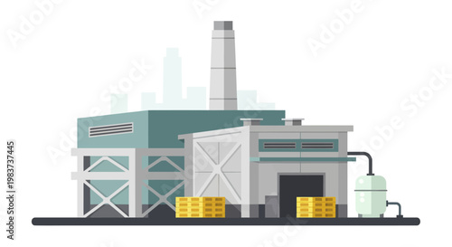 Industrial factory building with smokestack and storage tanks.