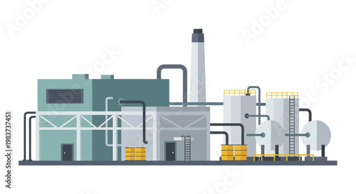 Industrial factory building with smokestack and storage tanks producing goods.