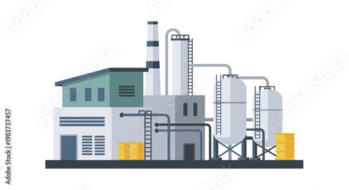 Industrial factory building with smokestacks and storage tanks.