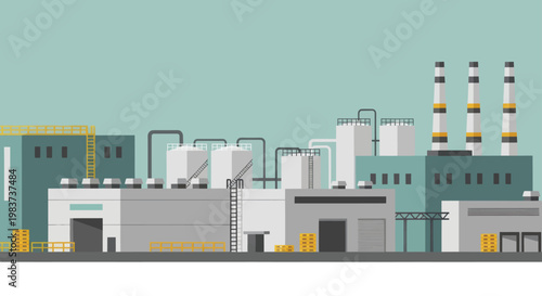 Industrial Factory Building with Smokestacks and Storage Tanks.