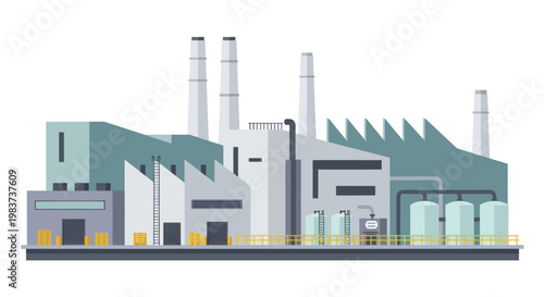 Industrial factory complex with multiple buildings and smokestacks.