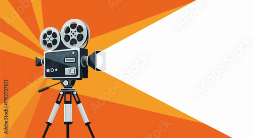 Vintage movie projector vector illustration, retro cinema camera on tripod with light beam, classic film production background with orange sunburst