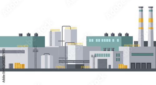 Industrial factory complex with multiple buildings and smokestacks.